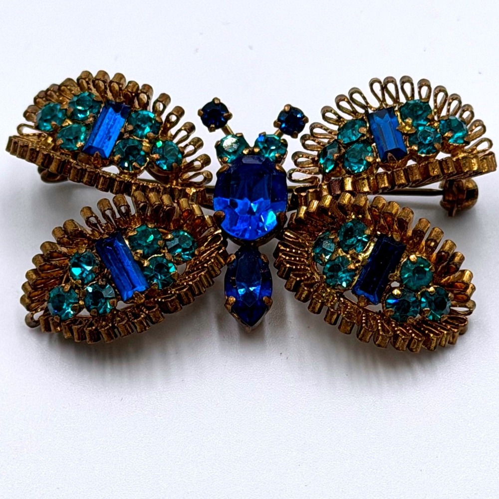 Vintage Austria Signed Blue Teal Rhinestone Butterfly Brooch Gold Tone Filigree